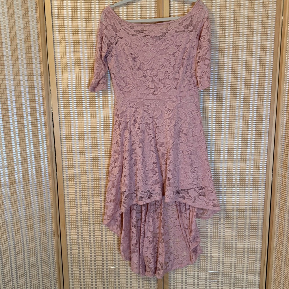 Muadress‎ Women Pink Floral Lace High Low Off Shoulder Cocktail Dress XL Formal